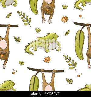 CROCODILE ET SINGE mignon dessin animé animaux tropicaux africains dessiné à la main Grunge style sans couture motif vectoriel Illustration pour l'impression Illustration de Vecteur