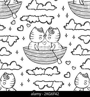 CHATONS MIGNONS EN BATEAU à embrasser et flotter sur les nuages de la Saint-Valentin dessin main Monochrome sans couture motif vectoriel Illustration pour l'impression Illustration de Vecteur