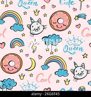 MIGNON ENSEMBLE DESSIN ANIMÉ ANIMAUX dessin à la main style Doodle esquisse avec les animaux sucreries et expressions manuscrites Vector Elements Unicorn Cat Rainbow Donut sans couture Illustration de Vecteur