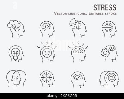 Icônes de stress, comme l'anxiété, la tension, l'inquiétude, mental et plus encore. Contour modifiable. Illustration de Vecteur