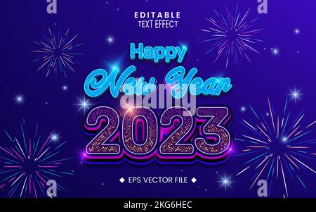 Joyeux nouvel an 2023 effet de texte au néon modifiable avec des lumières de demi-teinte colorées, des feux d'artifice, des étoiles Illustration de Vecteur