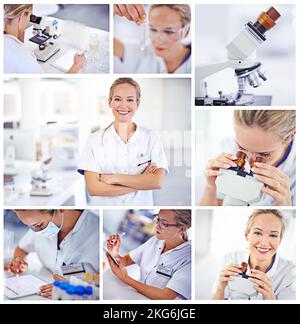 Recherche et développement. Image composite d'une femme travaillant dans un laboratoire. Banque D'Images