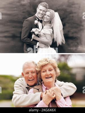 Le premier jour du reste de notre vie. Une photographie d'un couple comme ils sont aujourd'hui à côté de leur photographie de mariage. Banque D'Images