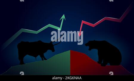 Tendance haussière versus tendance baissière avec flèches vertes vers le haut et rouges vers le bas sur fond bleu foncé. Le taureau et l'ours sont en face l'un de l'autre sur les cartes. VEC Illustration de Vecteur