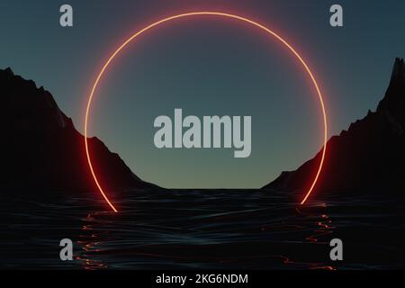 Paysage avec un cercle de néon rouge, des rochers et de l'eau. Banque D'Images