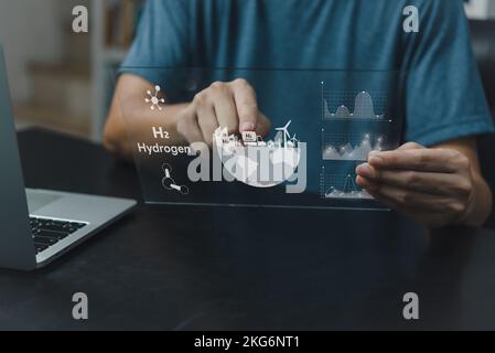 H2 innovation dans le domaine de l'hydrogène technologie zéro émission. Réduire la production de dioxyde de carbone et de gaz à effet de serre Station-carburant durabilité écologique des ressources c Banque D'Images