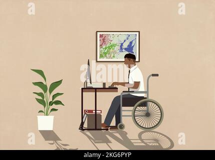 Homme en fauteuil roulant travaillant à l'ordinateur dans le bureau à domicile Banque D'Images