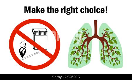 Panneau d'interdiction rouge avec des cigarettes et des poumons verts sains isolés sur du blanc. Style de dessin animé. Icône de vecteur ou élément de conception. Illustration de Vecteur