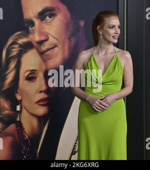 Los Angeles, États-Unis. 21st novembre 2022. Jessica Chastain, membre du casting, participe à la première de la série télévisée biographique « George & Tammy » de Showtime aux Goya Studios de Los Angeles, lundi, 21 novembre 2022. Scénario : la série limitée raconte le couple de puissance de la musique country, Tammy Wynette et George Jones, dont la relation compliquée (mais durable) a inspiré certains de la musique la plus emblématique de tous les temps. Photo de Jim Ruymen/UPI crédit: UPI/Alay Live News Banque D'Images