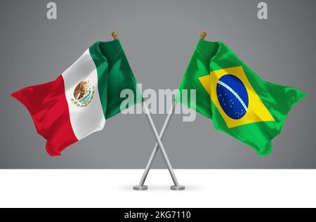 3D illustration de deux drapeaux croisés Wavy du Mexique et du Brésil, signe des relations mexicaines et brésiliennes Banque D'Images