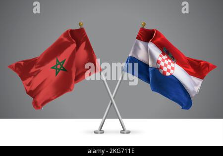 3D illustration de deux drapeaux croisés Wavy du Maroc et de la Croatie, signe des relations marocaines et croates Banque D'Images