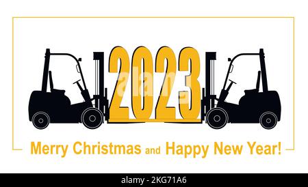 Concept de la nouvelle année 2023. deux chariots élévateurs détiennent des chiffres avec les nouveaux numéros d'année. Inscription de félicitations. Illustration vectorielle plate. Illustration de Vecteur