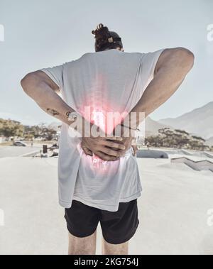 Homme, douleur de patineur et de dos, blessure rouge et accident au skatepark à l'extérieur sur la colonne vertébrale, inflammation et blessure. Athlète, illustration numérique et médical Banque D'Images