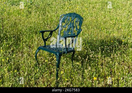 Chaise en métal vert à motifs sur un pré vert par temps ensoleillé Banque D'Images