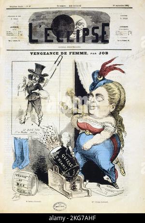 Caricature de l'écrivain français Jules Barbey d'Aurevilly publiée sur la première page du magazine 'l'Eclipse' le 26 septembre 1869. Dessin par travail. Banque D'Images