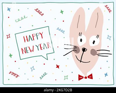 Un lapin drôle dit Bonne Année. Un lièvre et un texte manuscrit dessinés à la main. 2023 est l'année du lapin dans le calendrier chinois. Carte de vœux. Illustration de Vecteur