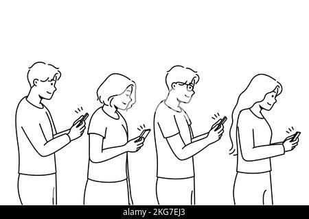 Les jeunes en ligne avec les smartphones dans les mains adonnés aux gadgets. Les hommes et les femmes avec la dépendance aux téléphones cellulaires. Technologie et monde moderne. Illustration vectorielle. Illustration de Vecteur