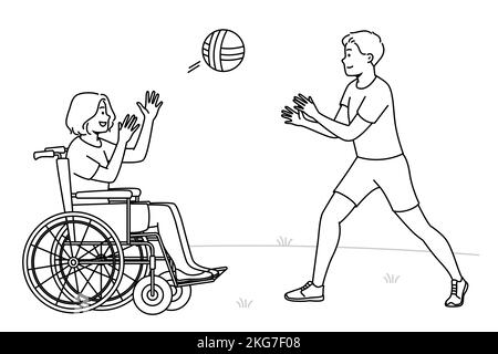 Joyeux garçon jouant au ballon avec une fille handicapée assise dans une chaise roulante. Les enfants souriants s'amusent à l'extérieur. Incapacité et déficience. Illustration vectorielle. Illustration de Vecteur