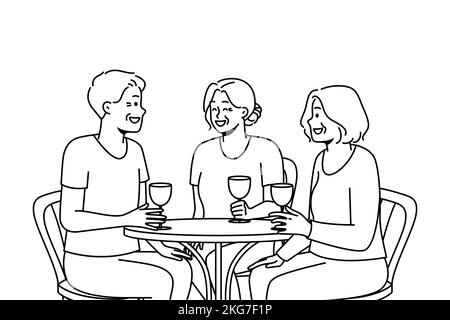 Les personnes âgées souriantes s'assoient à table dans le restaurant pour boire du vin en riant en se relaxant ensemble. Des amis joyeux et mûrs apprécient de passer du temps dans un café. Bonne maturité. Illustration vectorielle. Illustration de Vecteur