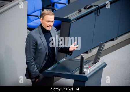 Christian Lindner (FDP), ministre fédéral des Finances, s'exprime au Bundestag allemand. Berlin, 22 novembre 2022 Banque D'Images