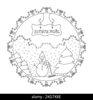 Bonhomme de neige et sapin. Chute de neige. Décoration d'hiver. Page de coloriage du mandala de Noël. Avec texte Joyeux Noël en français. Illustration vectorielle. Illustration de Vecteur