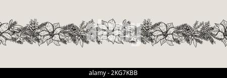 Joli dessin horizontal sans couture dessiné à la main, vert d'hiver, branches de noël, cônes et poinsettia - motif de surface vectoriel Illustration de Vecteur