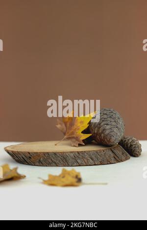 Le podium en bois a vu l'arbre coupé sur fond marron avec cône de pin d'automne. Sujet d'automne. Minimalisme composition d'automne Banque D'Images