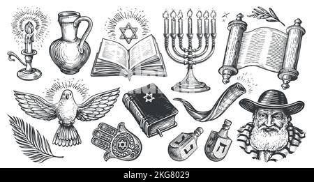 Ensemble juif. Esquisse de concept de religion. Symboles Hanoukkah avec chandelier, étoile de David, torah, menorah, dreidel Illustration de Vecteur