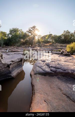 Rivière ail, pont rouge fer et scierie en ruine, dans la réserve naturelle de la plaine des Maures, à Vidauban, en France, en Europe. Banque D'Images