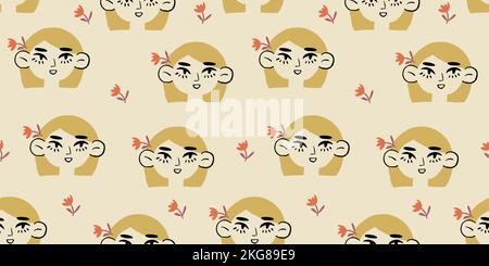 Motif vectoriel sans coutures avec visages blonds pour filles et fleurs dans la tête sur fond beige. Motif portrait de fille romantique. . Illustration vectorielle Illustration de Vecteur