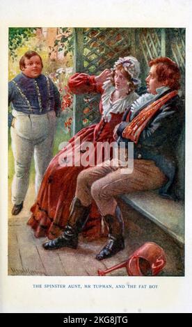 The Spitger Aunt, M. Tupman et The Fat Boy of the Poshume Papers of the Pickwick Club (également connu sous le nom de Pickwick Papers) du livre Dickenss' Dream Children de Mary Angela Dickens (petite-fille de Charles Dickens) et illustré par Harold Copping publié en 1900 par Raphael Tuck and Sons London Banque D'Images