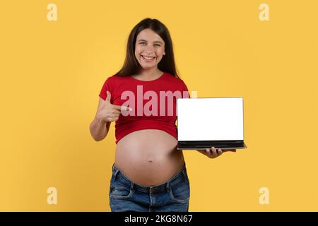 Une femme enceinte heureuse pointant vers un ordinateur portable avec un écran vide dans sa main Banque D'Images