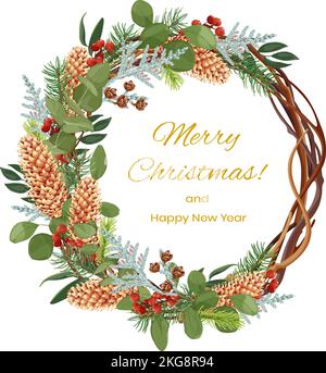 Couronne de Noël en vignes, avec cônes de sapin, branches d'épinette et de thuya, baies rouges, eucalyptus. Illustration de Vecteur