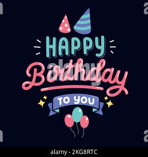 Modèle d'illustration vectorielle d'un joyeux anniversaire entouré d'étoiles, de ballons et de casquettes d'anniversaire, sur fond noir Illustration de Vecteur