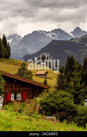 Un cliché vertical de maisons en bois sur les pentes des Alpes suisses surplombant les crêtes enneigées Banque D'Images