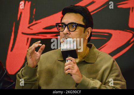 Kolkata, Inde. 22nd novembre 2022. Dinesh Vijan, producteur de Bollywood, réagit en parlant aux médias lors d'un événement promotionnel de son prochain film Bhediya, à Kolkata sur 22 novembre 2022. Le film indien en hindi de 2022, réalisé par Amar Kaushik, va sortir sur 25 novembre 2022. (Photo de Sankhadeep Banerjee/NurPhoto) Credit: NurPhoto/Alay Live News Banque D'Images