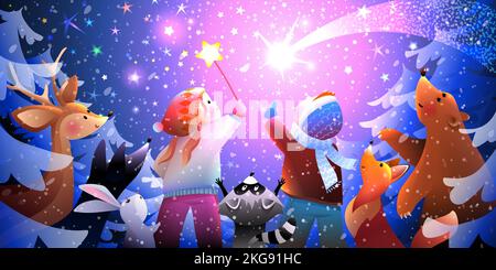 Animaux et enfants dans la nuit d'hiver Forêt Starry Sky Illustration de Vecteur