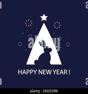 Bonne Année. Silhouettes de lapin et d'arbre de noël. Carte de vœux sur fond bleu. Design minimaliste. Illustration vectorielle. Illustration de Vecteur