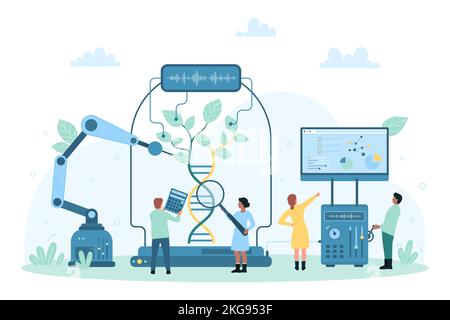 Biotechnologie, illustration vectorielle de recherche scientifique futuriste. Caricature de personnes minuscules qui engineering plante verte à partir de l'hélice de l'ADN, en utilisant des robots et de l'équipement de laboratoire scientifique pour les tests de biotechnologie de laboratoire Illustration de Vecteur