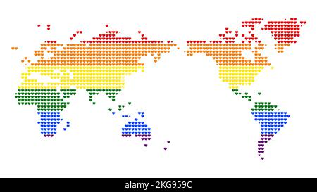 Carte du monde centrée sur l'Asie en coeurs de couleur arc-en-ciel sur fond blanc. Concept de drapeau de la fierté gay et du mouvement LGBT. résolution de 4k. Banque D'Images