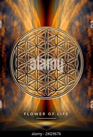 Fleur d'or de la vie sur fond de coucher de soleil mystique Banque D'Images