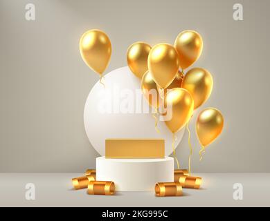 ballon podium doré présent, célébrer joyeux anniversaire, bannière plate-forme or. Illustration vectorielle Illustration de Vecteur