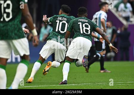 Doha, Qatar, 22/11/2022, Salem Al-Dawsari et Nawaf Al-Abed de l'Arabie Saoudite pendant le match Argentine contre Arabie Saoudite de la coupe du monde de la Fifa Qatar 2022 au stade Lusail à Doha, Qatar, sur 22 novembre 2022. Photo de Laurent Zabulon/ABACAPRESS.COM Banque D'Images