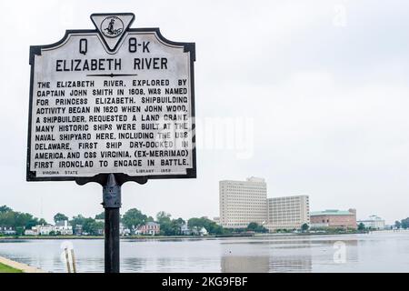 Virginia Portsmouth Elizabeth River eau, panneau historique informations, Banque D'Images