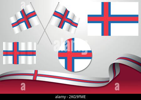 Ensemble de drapeaux des îles Féroé dans différents modèles, icône, drapeaux volants et ruban avec fond. Illustration Illustration de Vecteur