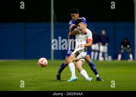 TANAKA HAYATO, ABLINE MATTHIS, FRANCE U20 vs JAPON U20, hommes, friendly Match, football Wek, Pinatar Arena football Center. Espagne, région de Murcie, sa Banque D'Images