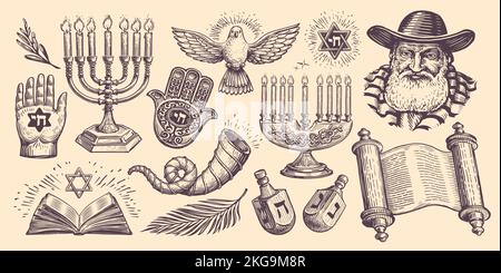 Religion judaïsme, concept des fêtes juives. Torah et Dreidel, Hanoukkah menorah, Shofar, David Star, Rabbi, Vecteur de Hamsa Illustration de Vecteur