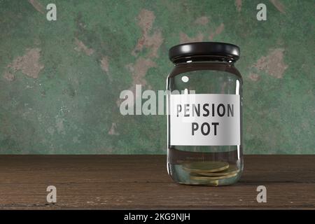 Pot en verre étiqueté comme pot de pension sur une table en bois. Illustration de la notion de cotisations de retraite et de régimes de retraite Banque D'Images