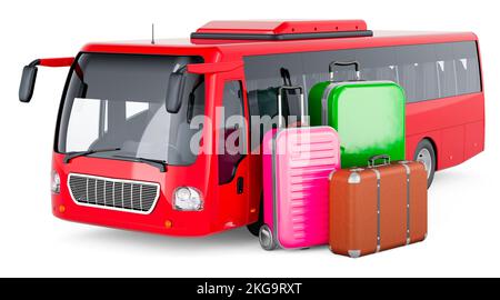 Bus avec valises. Concept de voyage en bus. 3D rendu isolé sur fond blanc Banque D'Images