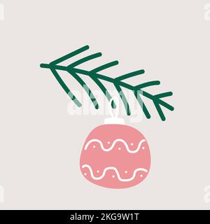 Jouet icône simple pour arbre de noël sur une branche. Icône minimaliste pour les fêtes. Élément vectoriel dessiné à la main, boule, décoration d'arbre de Noël Illustration de Vecteur